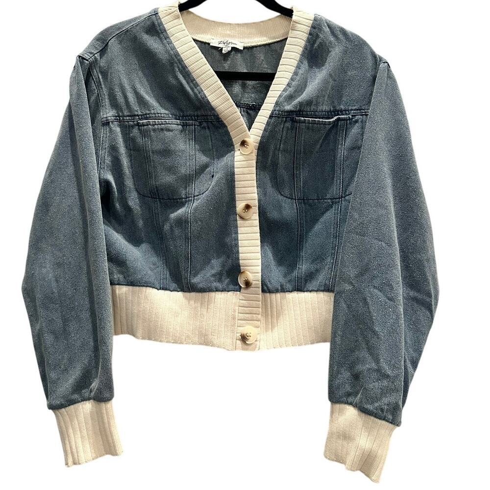 Polagram – Cropped Denim Cardigan with Ivory Trim – Size Small